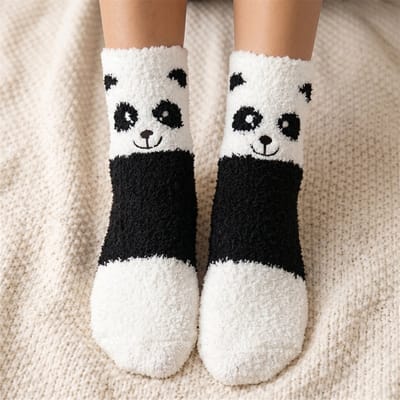 Fluffy Sokken dames - 3 paar - huissokken - dikke sokken - beige - blauw - grijs - print panda - beer - pinguin - 36 - 40 - cadeau voor haar - Kerst cadeau - geschenk vrouwen