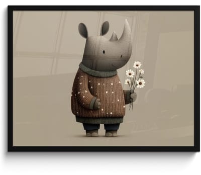 Poster in lijst - Fotolijst 70x50 cm - Posters - Neushoorn - Witte bloemen - Lief - Posterlijst zwart - Decoratie - Wanddecoratie woonkamer - Muurdecoratie slaapkamer