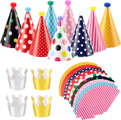 Feestelijke 33-delige Hoedenset voor Kinderen en Volwassenen, Kleurrijke Pompom Hoeden met Kroon voor Verjaardagsfeestjes en Feestelijke Gelegenheden