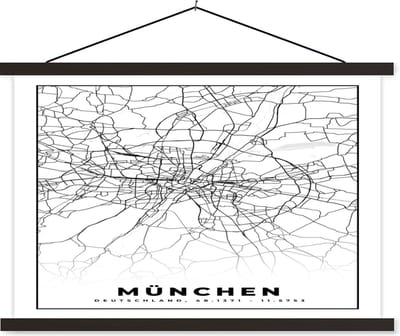 Posterhanger incl. Poster 60x40 cm - Schoolplaat - München - Plattegrond - Kaart - Stadskaart - Textielposter - Zwarte latten - Stadskaart