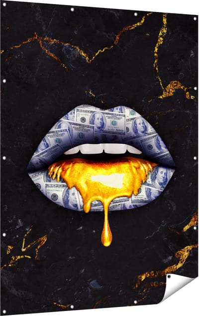 Gards Tuinposter Dollar Lippen met Goud - 120x160 cm - Tuindoek - Tuindecoratie - Wanddecoratie buiten - Tuinschilderij