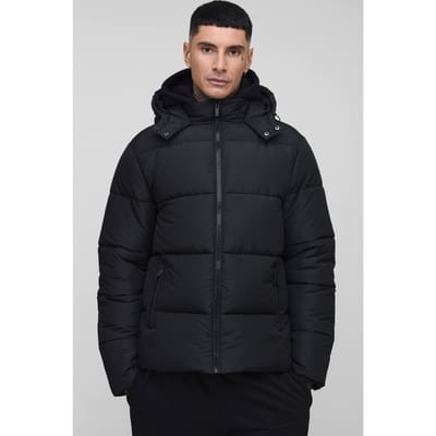 Tall Regular Fit Hooded Matte Puffer Jacket in Black | Size Small