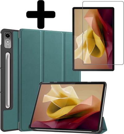 Hoes - Geschikt voor Lenovo Tab P12 - Met Screenprotector - Trifold Bookcase - Hard Cover Case - Met Uitsparing Geschikt voor Lenovo Pen - Hardcover Book - Tablet Hoesje - Donkergroen