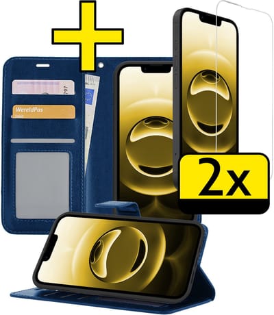 Hoesje - Met 2x Screenprotector - Geschikt voor Apple iPhone 16e - Luxe Pasjeshouder - Bookcase Portemonee - Flip Case - Kunstleer Book Case - Flipcase Hoes - Book Cover - Walletcase - Portemonneehoes - Telefoonhoesjes - Donkerblauw