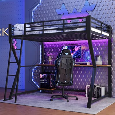 Hoogslaper, 90*200 cm, met ledverlichting, computerconsole, bureau, stopcontact + USB-poort, veiligheidsrail en trap; matras niet inbegrepen; zwart.