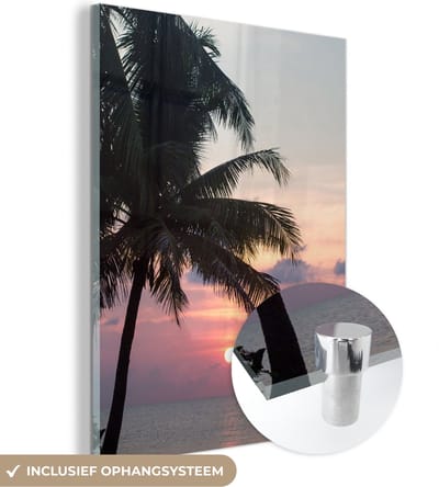 MuchoWow® Glasschilderij 120x160 cm - Schilderij acrylglas - Palmbomen - Pastel - Avond - Zomer - Tropisch - Foto op glas - Schilderijen