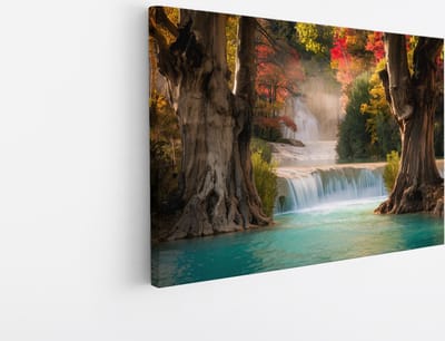 Saammp Canvas Schilderij - Waterval tussen de bomen - Landschap - Natuur - 45x30 - Foto op canvas - Wanddecoratie - Muurdecoratie Woonkamer - Slaapkamer decoratie - Canvas Print