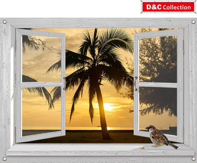 Zonsondergang - tuinposter - 90x65 cm - doorkijk - wit luxe venster zonsondergang vogels palm - tuin decoratie - tuinposters buiten - schuttingposter - tuindoek
