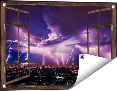 Gards Tuinposter Doorkijk Blikseminslag op een Stad in het Paars - 60x40 cm - Tuindoek - Tuindecoratie - Wanddecoratie buiten - Tuinschilderij