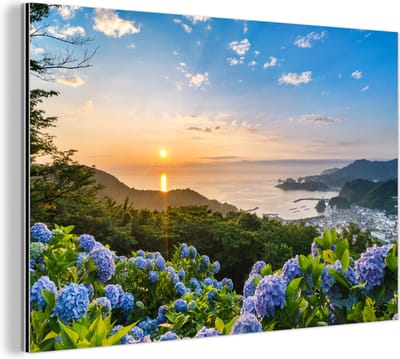 Aluminium schilderij 180x120 cm - Wanddecoratie metaal - Zonsondergang boven van hortensia bloemen - Metalen muurdecoratie woonkamer - Decoratie industrieel - Foto op dibond - Industriële accessoires slaapkamer