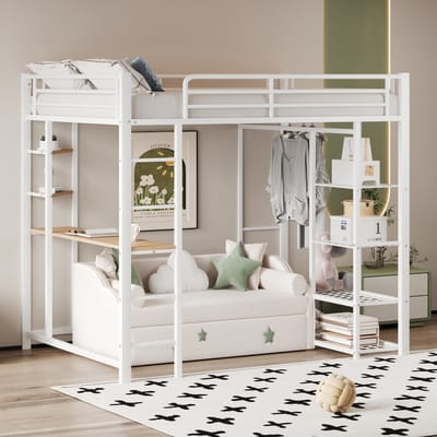 MEUNIQ Hoogslaper 90x200 cm eenpersoons kinderbed met ladder, bureau, opbergrekken en hanggedeelte voor kinderkamer, wit metaal en MDF