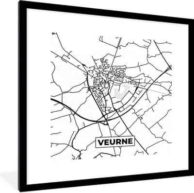 Fotolijst incl. Poster Zwart Wit- Zwart Wit – België – Plattegrond – Stadskaart – Kaart – Veurne - 40x40 cm - Posterlijst