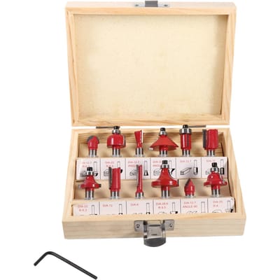 Ensemble de 12 fraises à bois en carbure cémenté à tige de 8 mm, dans un coffret en bois