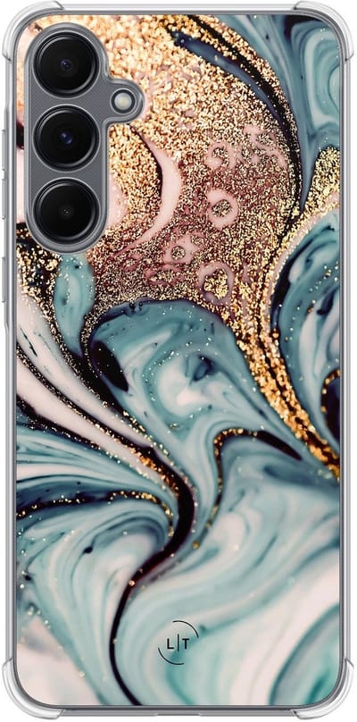 Shockproof hoesje - Geschikt voor Samsung Galaxy A15 - Marmer blauw goud - Extra sterke case - TPU/polycarbonaat - Marmer - Blauw, Goud, Transparant