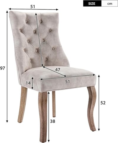 Eetkamerstoelen Set van 2 47x51x97 cm Fluweel Beige met Hoge Rugleuning en Knoopstiksel – Luxe Gestoffeerde 4-Voet Eetkamerstoel met Massief Rubberhouten Frame - Laura
