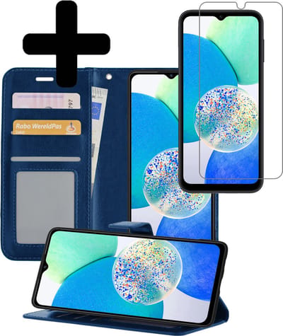 Hoesje - Met Screenprotector - Geschikt voor Samsung Galaxy A14 - Luxe Pasjeshouder - Bookcase Portemonee - Flip Case - Kunstleer Book Case - Flipcase - Book Cover - Walletcase - Portemonneehoes - Telefoonhoesjes - Donkerblauw