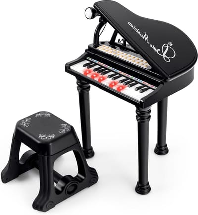 Kinderpiano met Kruk - Elektronisch Keyboard - Muziek Leren - Inclusief Microfoon - 35x30x55cm - Zwart
