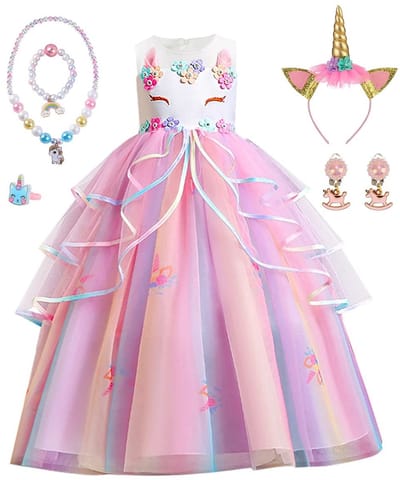 Dailygoods- Prinsessenkostuum Eenhoorn - Verkleedjurk Meisje - Kostuum met Accessoires - Jurk voor Feestdagen - Roze Tule - Betoverende Sprookjeskleding