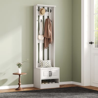 STILVORA Halmeubel - Schoenenkast met 2 Deuren en Zitbank met 8 Haken - Zwarte Handgrepen en Anti-Kantelbeveiliging - Spaanplaat - 50x36x190 cm - Wit