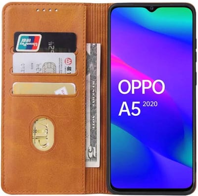 Smartphonica Oppo A5 2020 leren hoesje met magnetische sluiting en pashouders book case – Bruin geschikt voor OPPO A5 (2020)