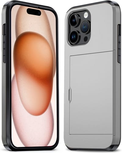 Hoesje Geschikt voor iPhone 15 Pro Hoesje Pasjeshouder Shockproof Hard Case - Hoesje Geschikt voor iPhone 15 Pro Hoes Met Kaarthouder - Grijs