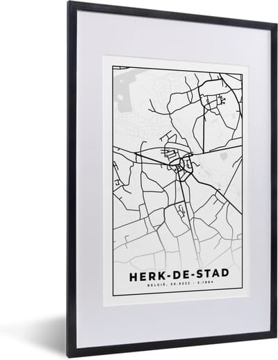 Fotolijst incl. Poster Zwart Wit- Stadskaart – Plattegrond – België – Zwart Wit – Herk de Stad – Kaart - 40x60 cm - Posterlijst