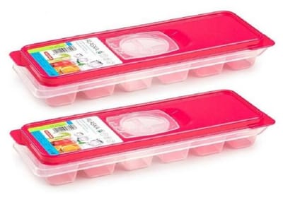 PlasticForte IJsblokjesvorm met deksel - 2x - 12 ijsklontjes - kunststof - fuchsia roze - ijsblokjes maken