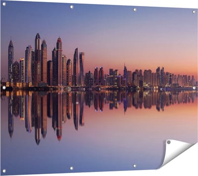 Gards Tuinposter Skyline Dubai Stad bij Zonsondergang - 120x90 cm - Tuindoek - Tuindecoratie - Wanddecoratie buiten - Tuinschilderij