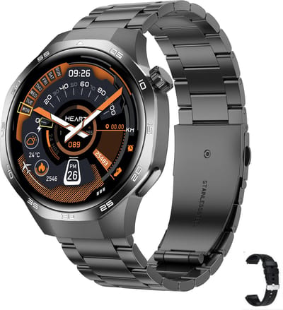Knobbout 1.53" Scherm Stijlvolle Sport Smartwatch – NFC- Kompas, Hoogtemeter, Barometer-Bluetooth Bellen - Draadloos Opladen - hartslag, bloeddruk, zuurstofgehalte (SpO₂) - AI Assistent - medicatie innemen alert - Zwart staal + Siliconen Band