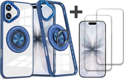 Hoesje Geschikt voor iPhone 17 Arara hoesje voor Magsafe Transparant hard case - kickstand Draaibare Ring Houder met 2 stuks screenprotectors - Blauw
