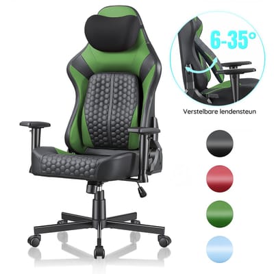 Devoko Bureaustoel - Ergonomische Bureaustoel - 2D-armleuningen - Koudschuim met hoge veerkracht - Verstelbare lendensteun (6° tot 35°) - Game Stoel met hoofdsteun - 150 kg - Zwart Groen
