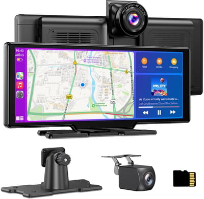 ESSGOO Draadloze CarPlay en Android Auto - Geschikt voor CarPlay Scherm 10,26 Inch - met 4K dashcam en 1080P achteruitrijcamera - Touchscreen - Bluetooth FM AUX - 64G microSD kaart - Zwart