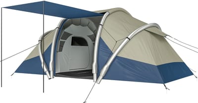 Opblaasbare tent - Opblaasbare glamping tent - Waterdicht - Tot 4 personen - Blauw+Grijs+Lichtbruin - Camping - Tuin - Glamping - 485L x 245B x 188H cm