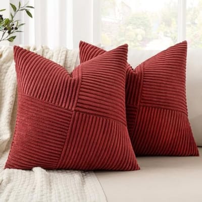 PromoHome Kussensloop 50 x 50 cm, corduroy fluweel, set van 2 kussenslopen, sierkussensloop, bankkussen, sierkussen, strepenpatroon, patchwork, design voor woonkamer "Rood"