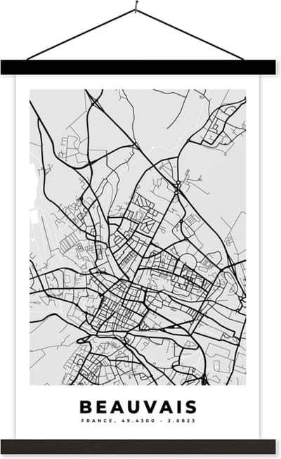 Posterhanger incl. Poster 40x60 cm - Schoolplaat - Kaart - Stadskaart - Frankrijk - Beauvais - Plattegrond - Textielposter - Zwarte latten - Stadskaart