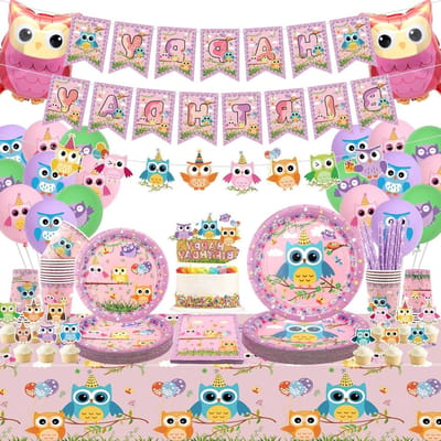 Verjaardagsdecoratie Uil - Feestpakket Kinderen - Feestelijke Viering - Compleet voor 20 gasten - 100 stuks - Multicolor