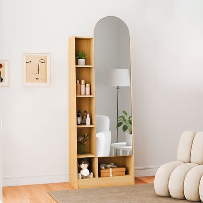 MIVRAY Hoge Kast – Spiegeldeur En Verstelbare Planken – Natuurlijke Houtlook – MDF – Naturel – Voor Hal Slaapkamer Of Badkamer
