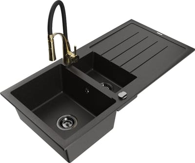 Mexen Andres granieten spoelbak 1,5-bak met afdruiprek en keukenmengkraan Aster, zwart/gouden metallic - 6515-75-73450-57-B