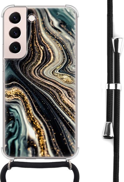 Hoesje met koord - Geschikt voor Samsung Galaxy S22 - Marble swirl - Verstelbaar zwart koord - Crossbody - Marmer - Transparant, Multi - Leuke Telefoonhoesjes