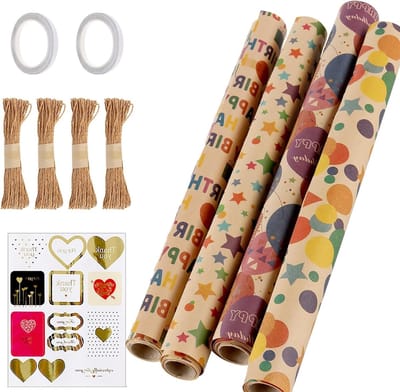 Recyclebaar kraftpapier cadeaupapier - 4 rollen van 43 cm x 3 m voor verjaardagsdecoraties, feestgeschenken en creatief inpakken