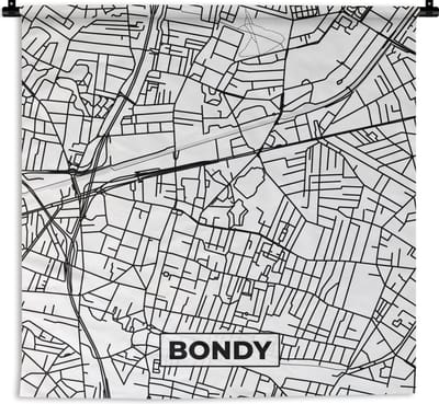 Wandkleed - Wanddoek - Kaart - Bondy - Stadskaart - Frankrijk - Plattegrond - Zwart wit - 180x180 cm - Wandtapijt