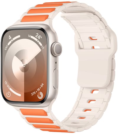 Stravo Siliconen Sportbandje – Duokleur & Ademend – Geschikt voor Apple Watch 42mm (Series 11/10), 41mm (Series 9/8/7), 40mm (Series 6/5/4, SE 1/2/3), 38mm (Series 3/2/1) – Duokleur Bandje – Zacht & Comfortabel – Starlight / oranje
