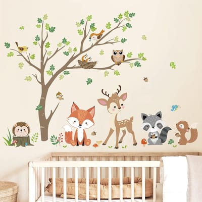 Famanu – Boom Muurstickers Vos Hert Uil Muurtattoo Baby Kinderkamer Babykamer Slaapkamer Wanddecoratie