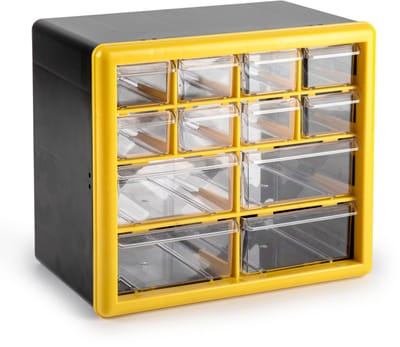 Plasticforte Sorteerbakjes spijkers/schroeven - 12x lades - 26 x 16 x 23 cm - opbergkastjes - ophangbaar - geel/transparant
