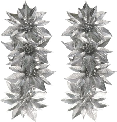 Decoratie bloemen - op clip - 8x - zilver - 9,5 cm - kunststof - kerstbloemen - Kerstboom ornamenten