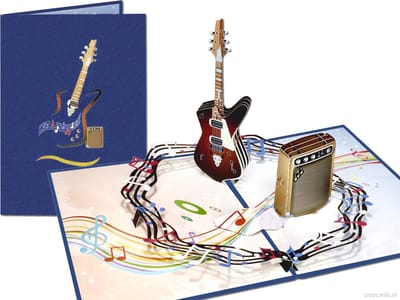 Popcards pop-up kaarten - Elektrische Gitaar met Versterker Muziek Muziekkaart Rock and Roll Basgitaar Wenskaart pop-up kaart 3D kaart
