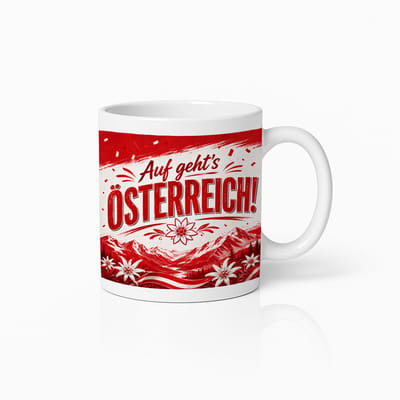 Oostenrijk Supporters Mok 330 ml – Auf geht’s Österreich Voetbal Fan Koffiebeker met Alpen Rood Wit Design