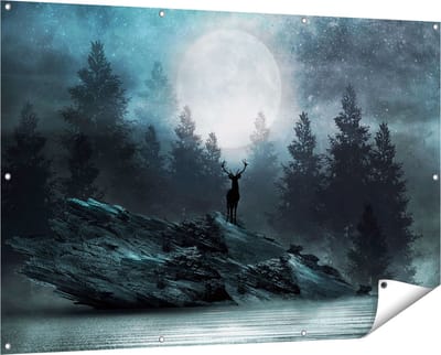 Gards Tuinposter Hert op een Rots tijdens Volle Maan - 150x100 cm - Tuindoek - Tuindecoratie - Wanddecoratie buiten - Tuinschilderij