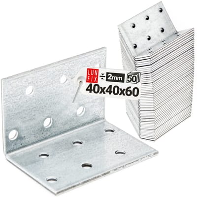 LUN FIX - Hoekverbinder + Perforatiehoek 40x40x60x2 - 50 Stuk - Hoek - Kleine Montagehoek - Houtverbinder - Corrosiebescherming - Perforatiehoek