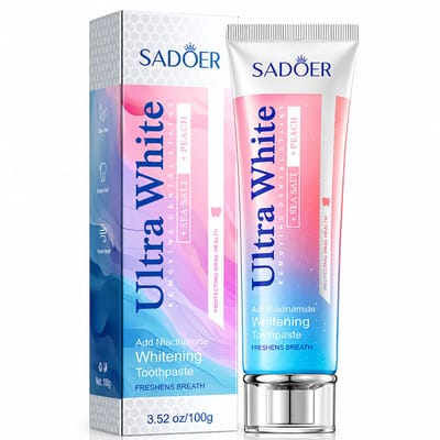 SADOER Tandpasta Whitening | Witte Tanden | Tandpasta Tegen Gele Tanden | Teeth Whitening | Tandpasta Bleken | Vlekverwijdering | Frisse Adem | Mondverzorging | Zeezout Perzik Tandpasta | Fluoridevrij | Whitening Toothpaste | 100g